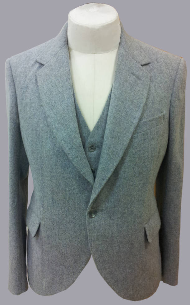 a grey wool single breasted coat and waistcoat